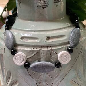 Sterling Silver, Black Onyx, Serpentine and Magnesite Necklace by Jay King